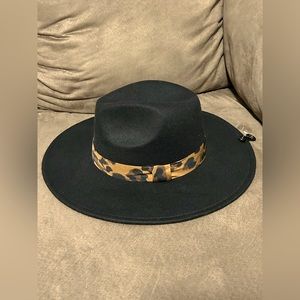 Black Flat Brim Hat With Leopard Belt NWOT
